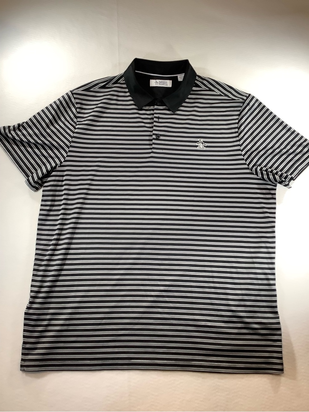 Original Penguin Black & White Striped Polo with Solid Black Collar